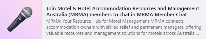 Screenshot of the CHAT-1 group from RMT Solutions, featuring a link to join motel and hotel accommodation resources and management groups on Facebook